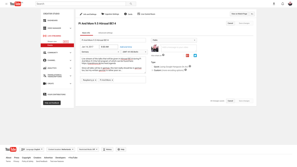 Screenshot that shows the population of a form for the creation of a scheduled event